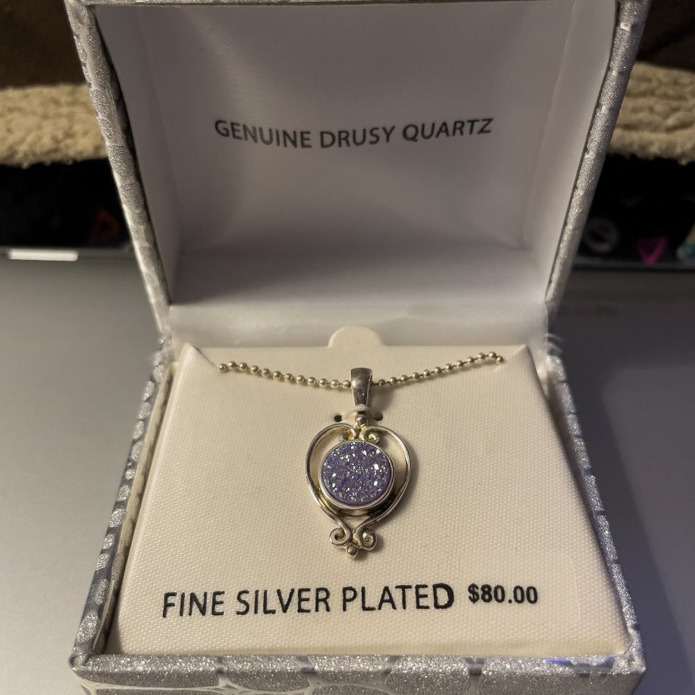 New Silver Plated Pendant Necklace, Never Worn, Drusy Quartz Stone